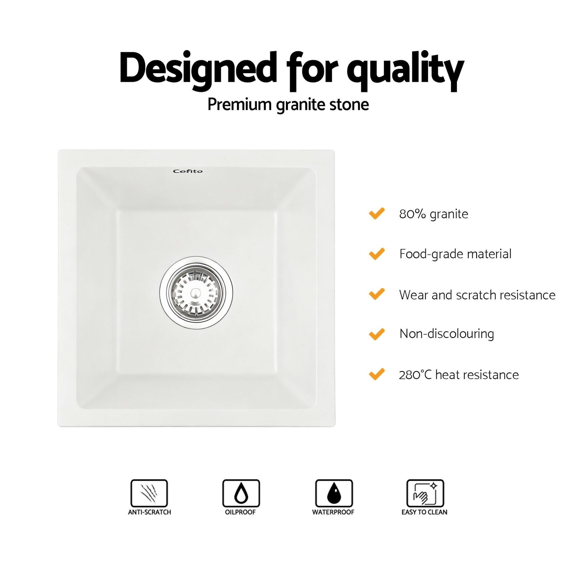 Cefito Kitchen Sink 38x38cm Granite Stone Sink Single Bowl White SINK-STONE-A-3838-WH