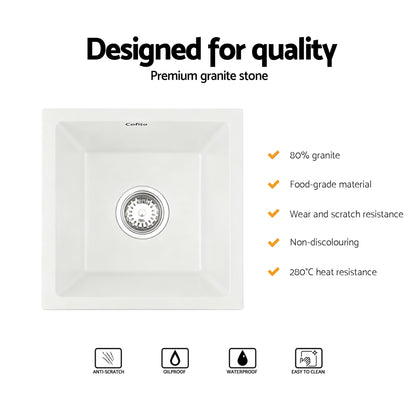 Cefito Kitchen Sink 38x38cm Granite Stone Sink Single Bowl White SINK-STONE-A-3838-WH