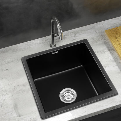 Cefito Kitchen Sink 45x45cm Granite Stone Sink Single Bowl Black SINK-STONE-A-4545-BK