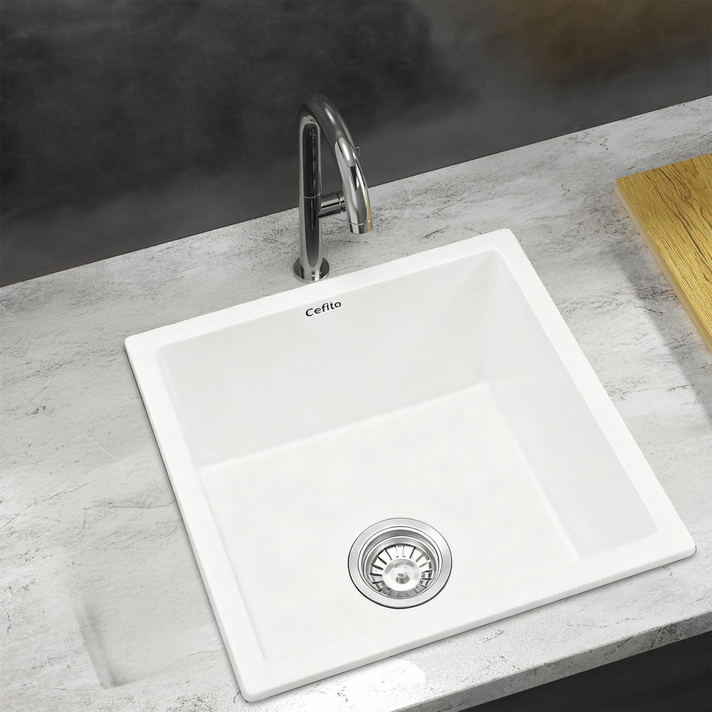 Cefito Kitchen Sink 45x45cm Granite Stone Sink Single Bowl White SINK-STONE-A-4545-WH