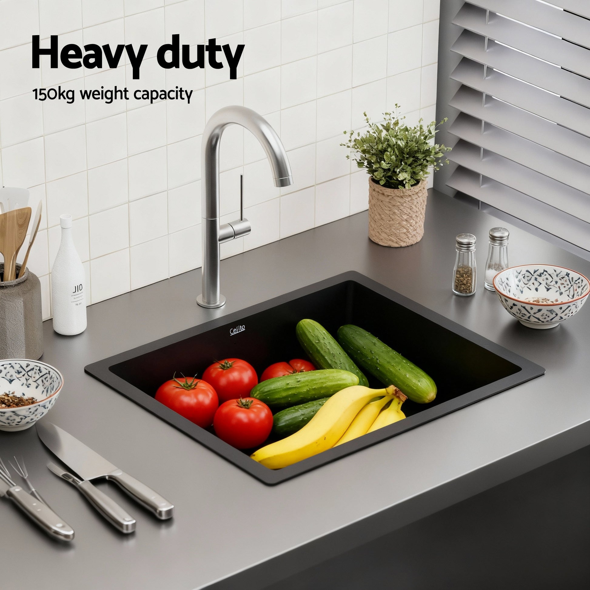 Cefito Kitchen Sink 55x45cm Granite Stone Sink Single Bowl Black SINK-STONE-A-5545-BK