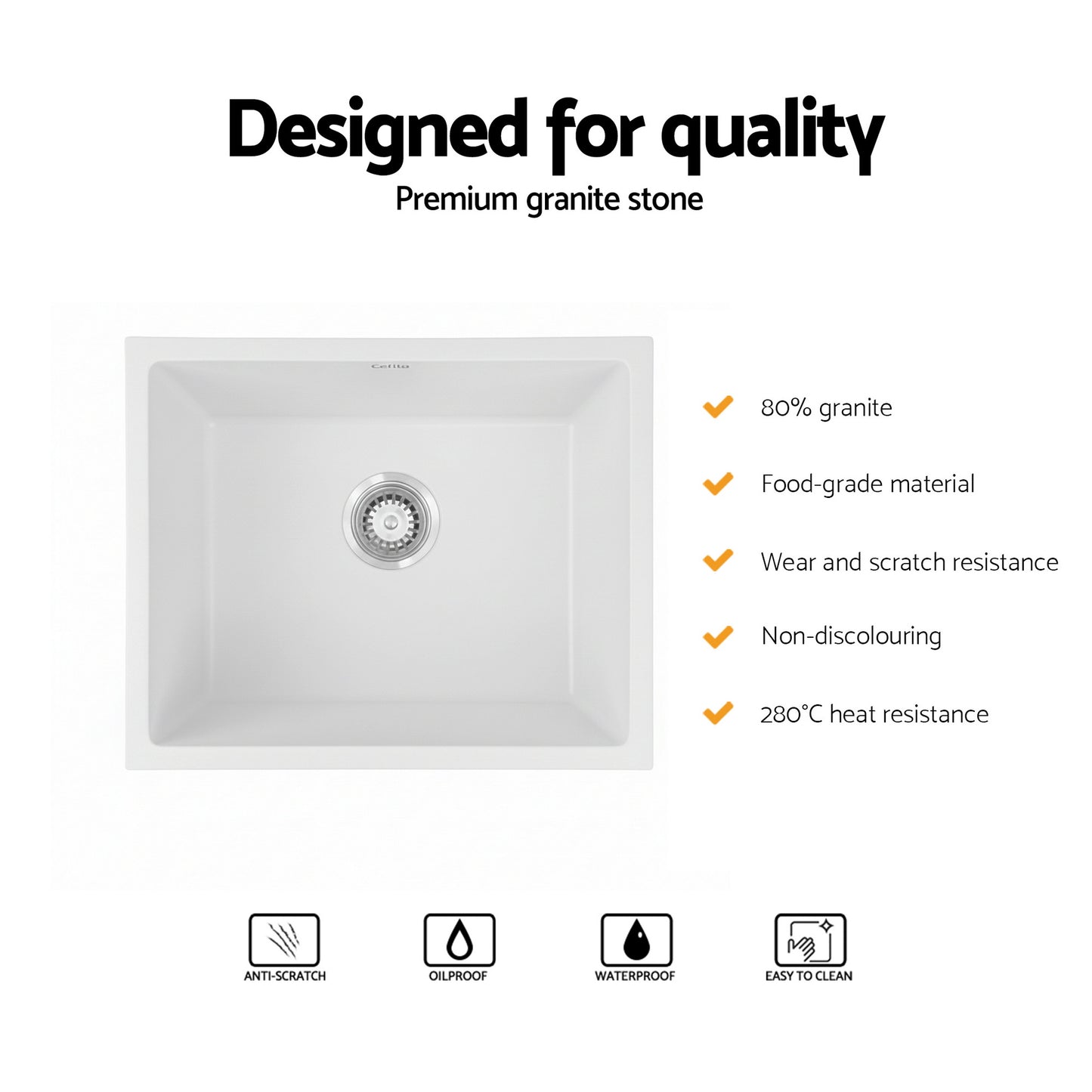 Cefito Kitchen Sink 55x45cm Granite Stone Sink Single Bowl White SINK-STONE-A-5545-WH