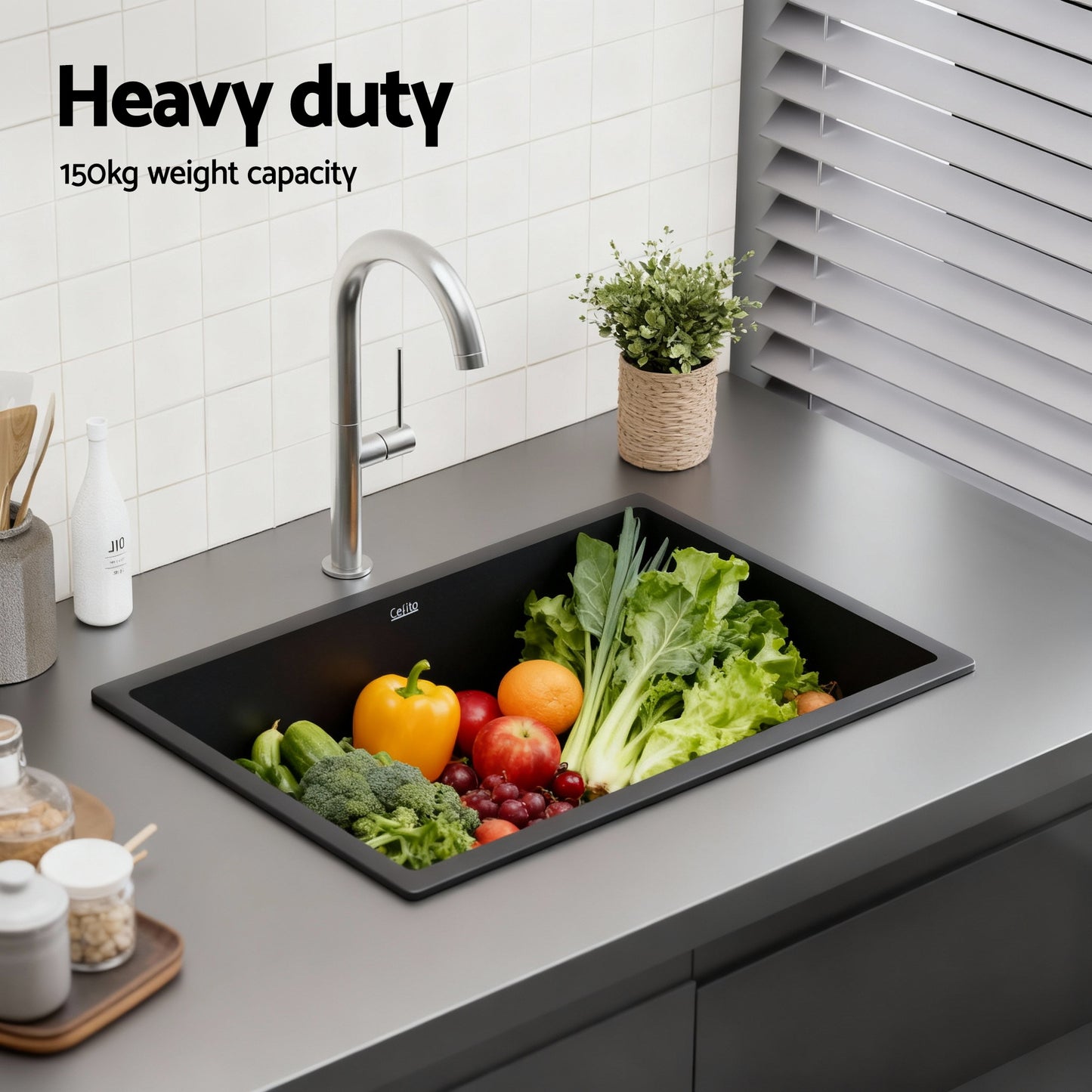 Cefito Kitchen Sink 70x45cm Granite Stone Sink Single Bowl Black SINK-STONE-A-7045-BK