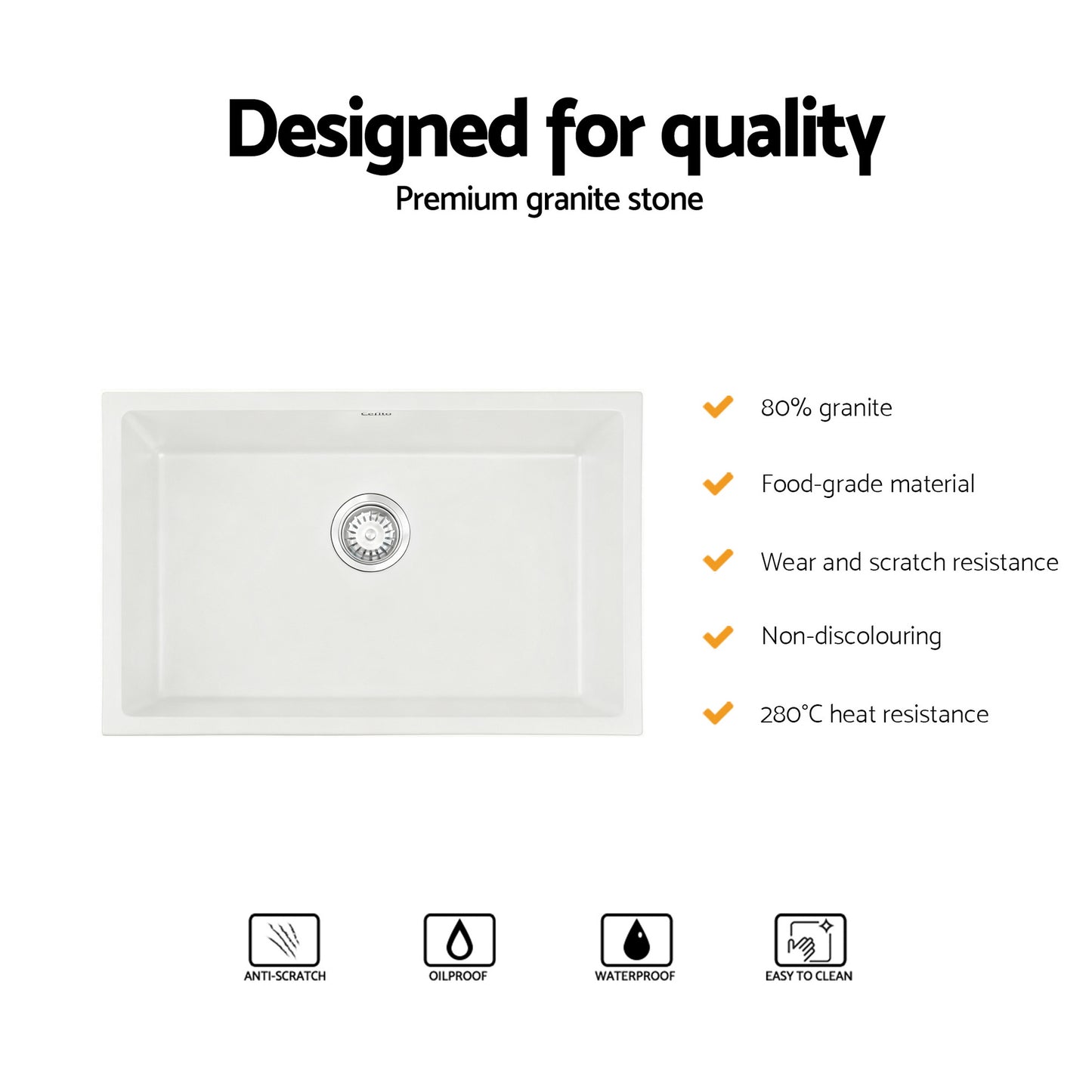 Cefito Kitchen Sink 70x45cm Granite Stone Sink Single Bowl White SINK-STONE-A-7045-WH