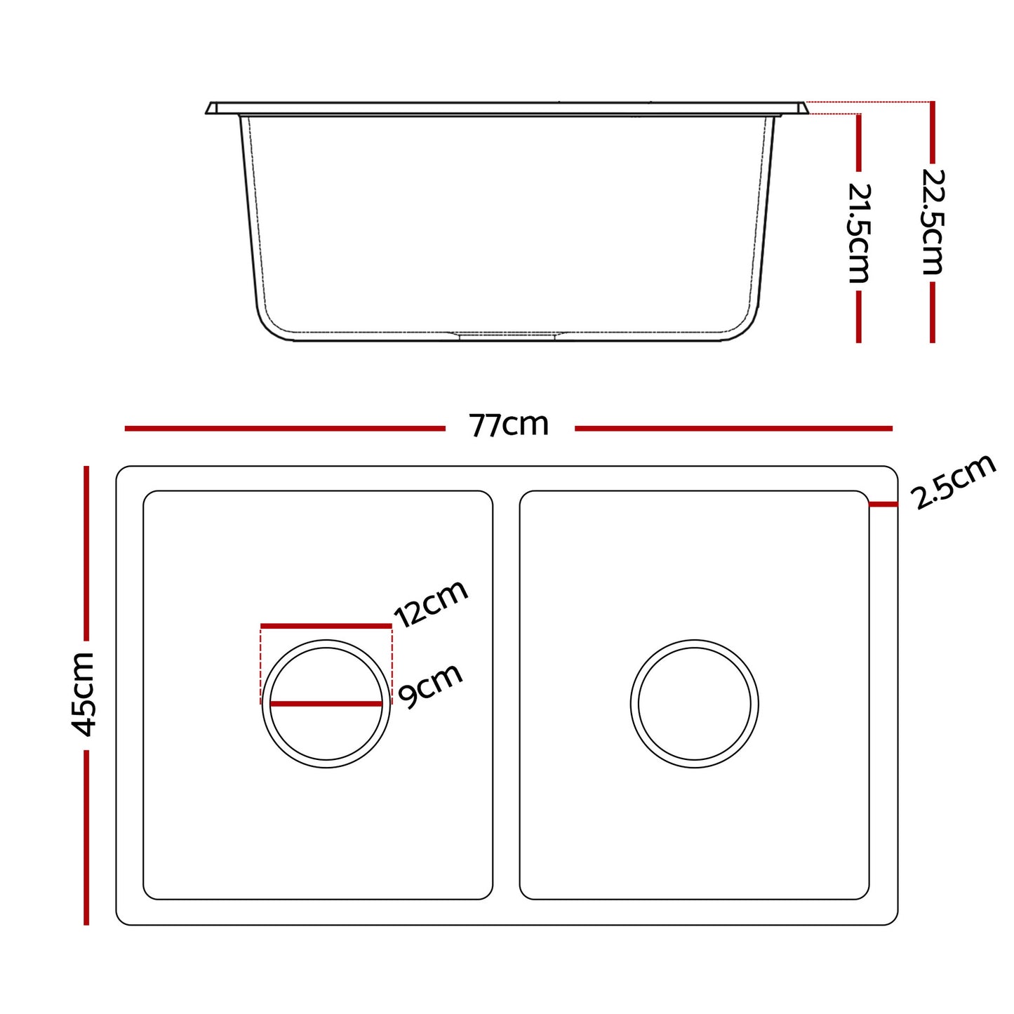 Cefito Kitchen Sink 77x45cm Granite Stone Sink Double Bowl Black SINK-STONE-A-7745-BK