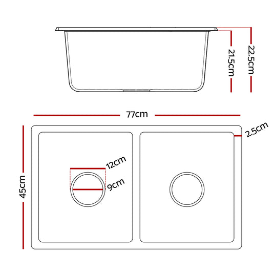 Cefito Kitchen Sink 77x45cm Granite Stone Sink Double Bowl Black SINK-STONE-A-7745-BK