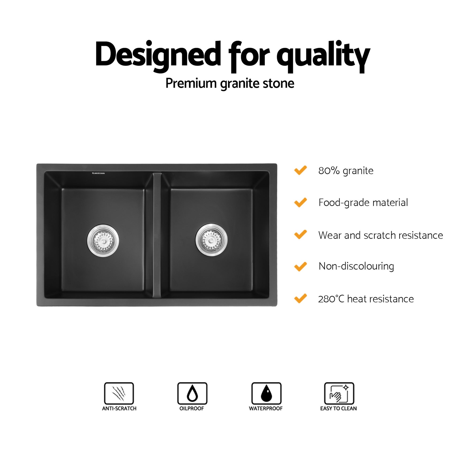 Cefito Kitchen Sink 77x45cm Granite Stone Sink Double Bowl Black SINK-STONE-A-7745-BK