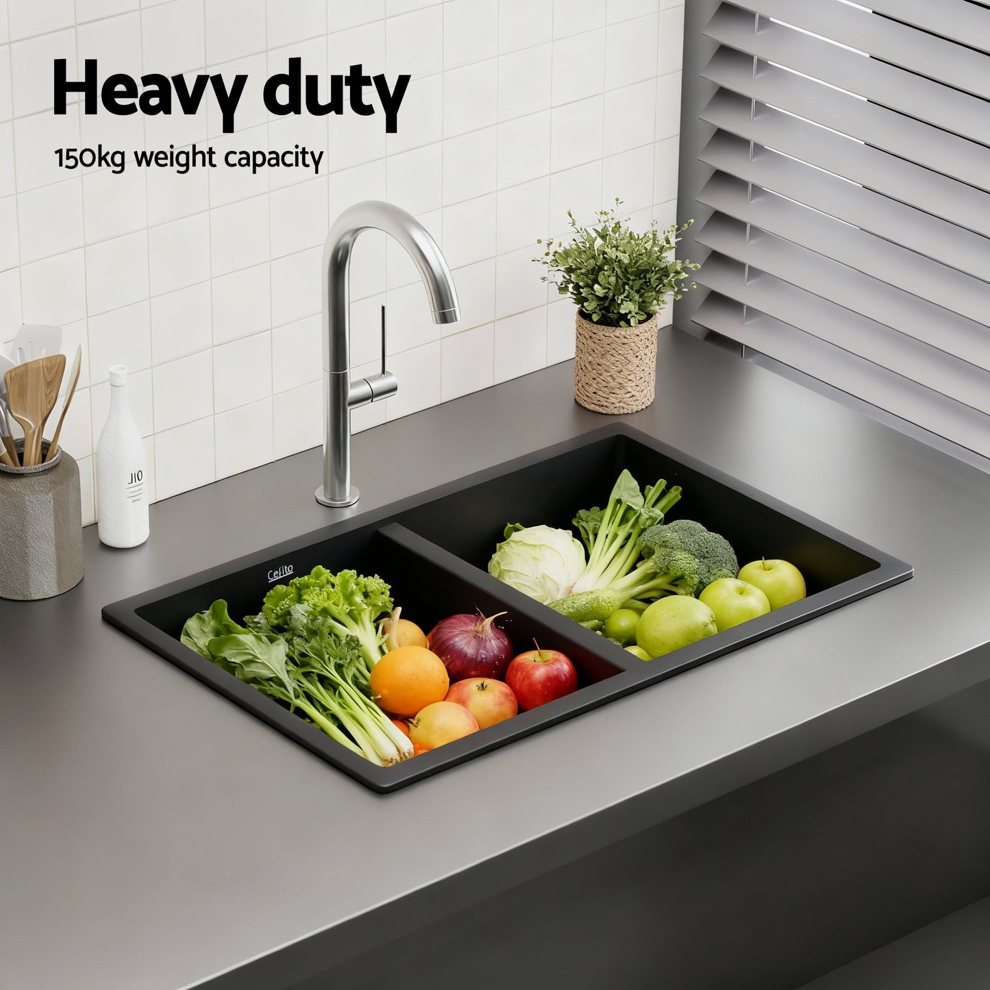 Cefito Kitchen Sink 77x45cm Granite Stone Sink Double Bowl Black SINK-STONE-A-7745-BK