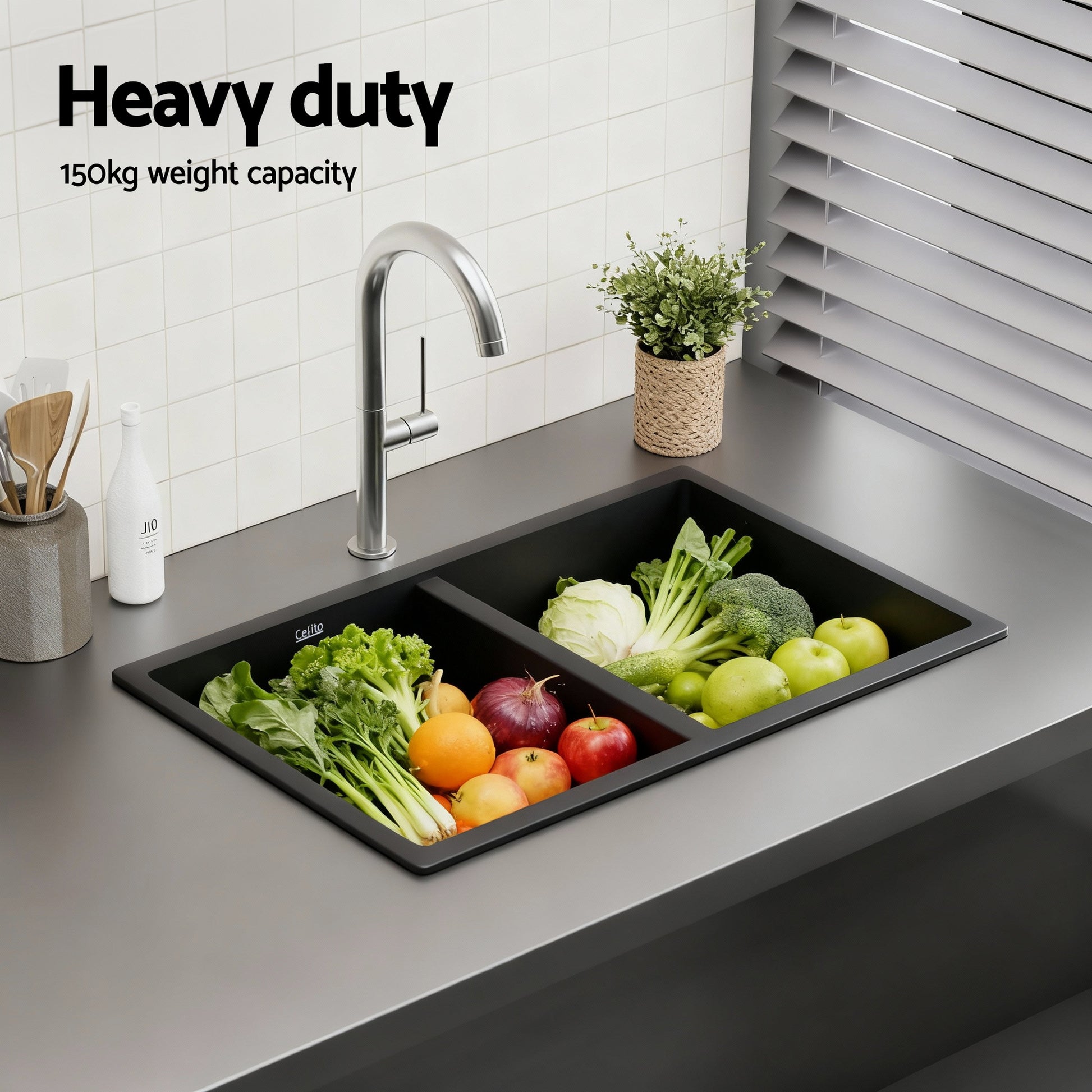 Cefito Kitchen Sink 77x45cm Granite Stone Sink Double Bowl Black SINK-STONE-A-7745-BK