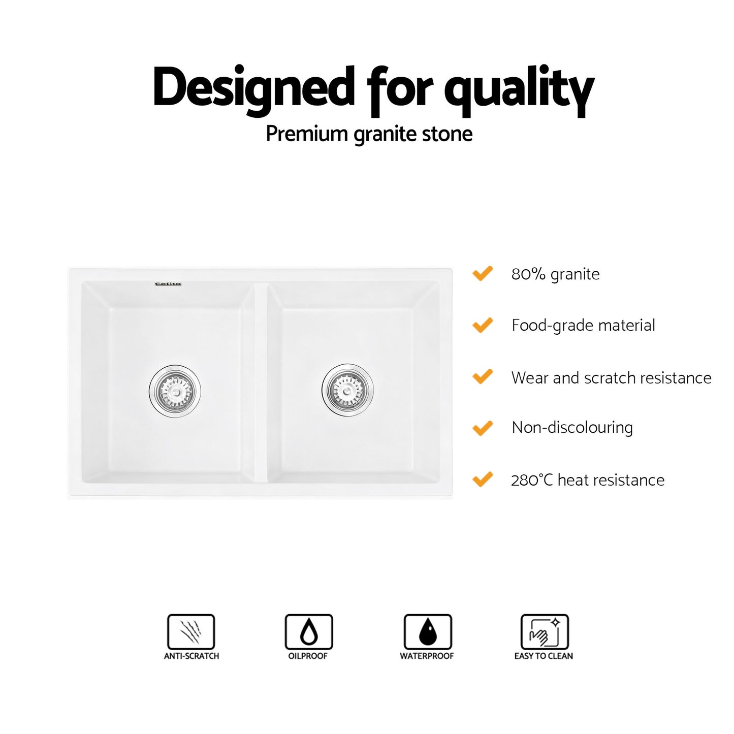 Cefito Kitchen Sink 77x45cm Granite Stone Sink Double Bowl White SINK-STONE-A-7745-WH