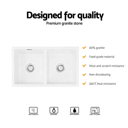 Cefito Kitchen Sink 77x45cm Granite Stone Sink Double Bowl White SINK-STONE-A-7745-WH