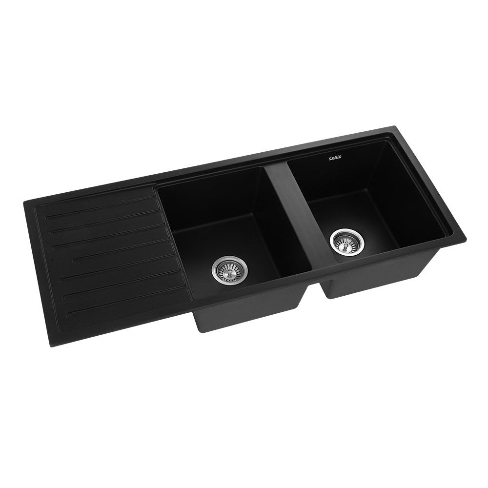 Cefito Kitchen Sink Stone Sink Granite Laundry Basin Double Bowl 116x49cm Black SINK-STONE-B-11650