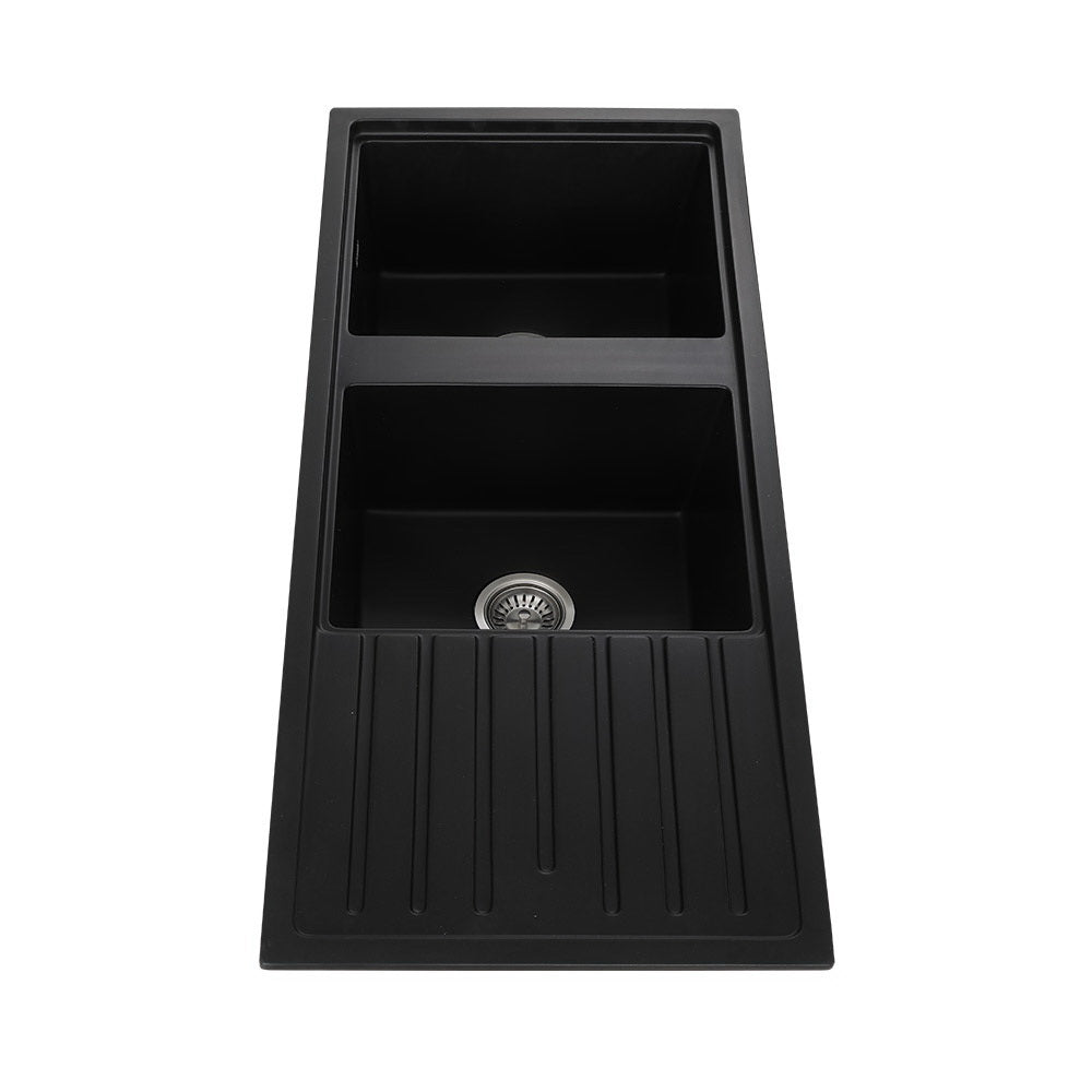 Cefito Kitchen Sink Stone Sink Granite Laundry Basin Double Bowl 116x49cm Black SINK-STONE-B-11650