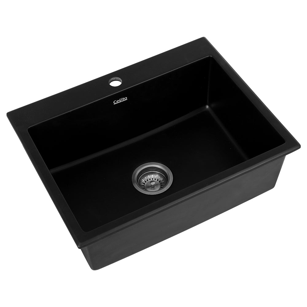Cefito Kitchen Sink Granite Stone Sinks Basin Single Bowl Black 600mmx470mm SINK-STONE-B-6147