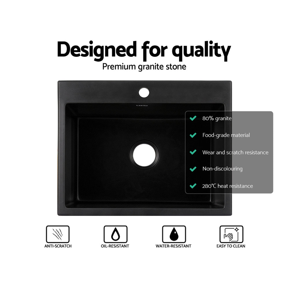 Cefito Kitchen Sink Granite Stone Sinks Basin Single Bowl Black 600mmx470mm SINK-STONE-B-6147