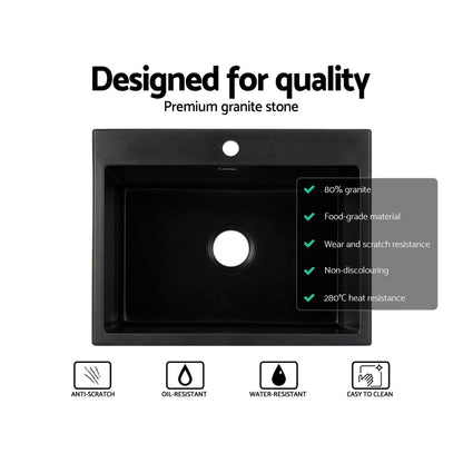 Cefito Kitchen Sink Granite Stone Sinks Basin Single Bowl Black 600mmx470mm SINK-STONE-B-6147