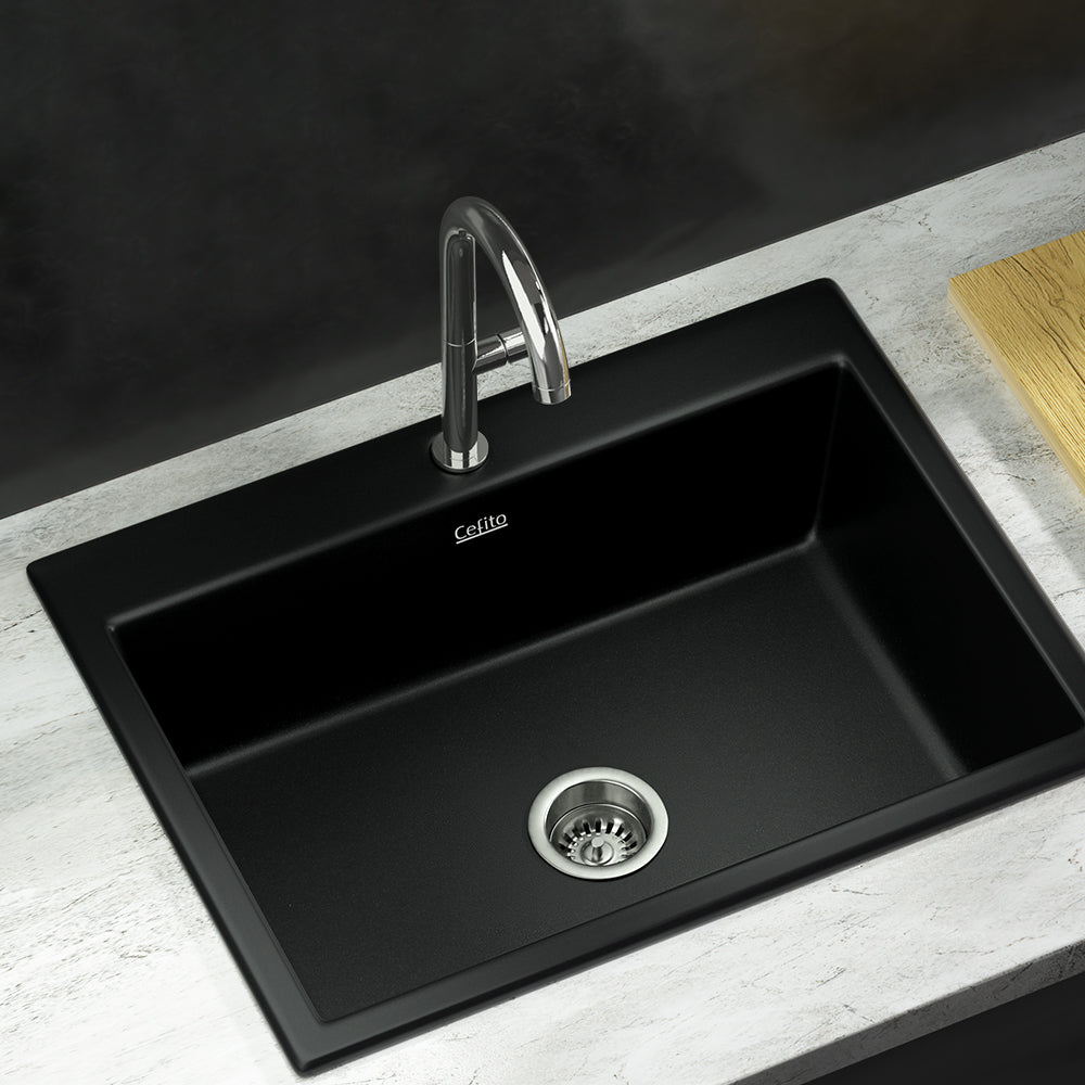 Cefito Kitchen Sink Granite Stone Sinks Basin Single Bowl Black 600mmx470mm SINK-STONE-B-6147