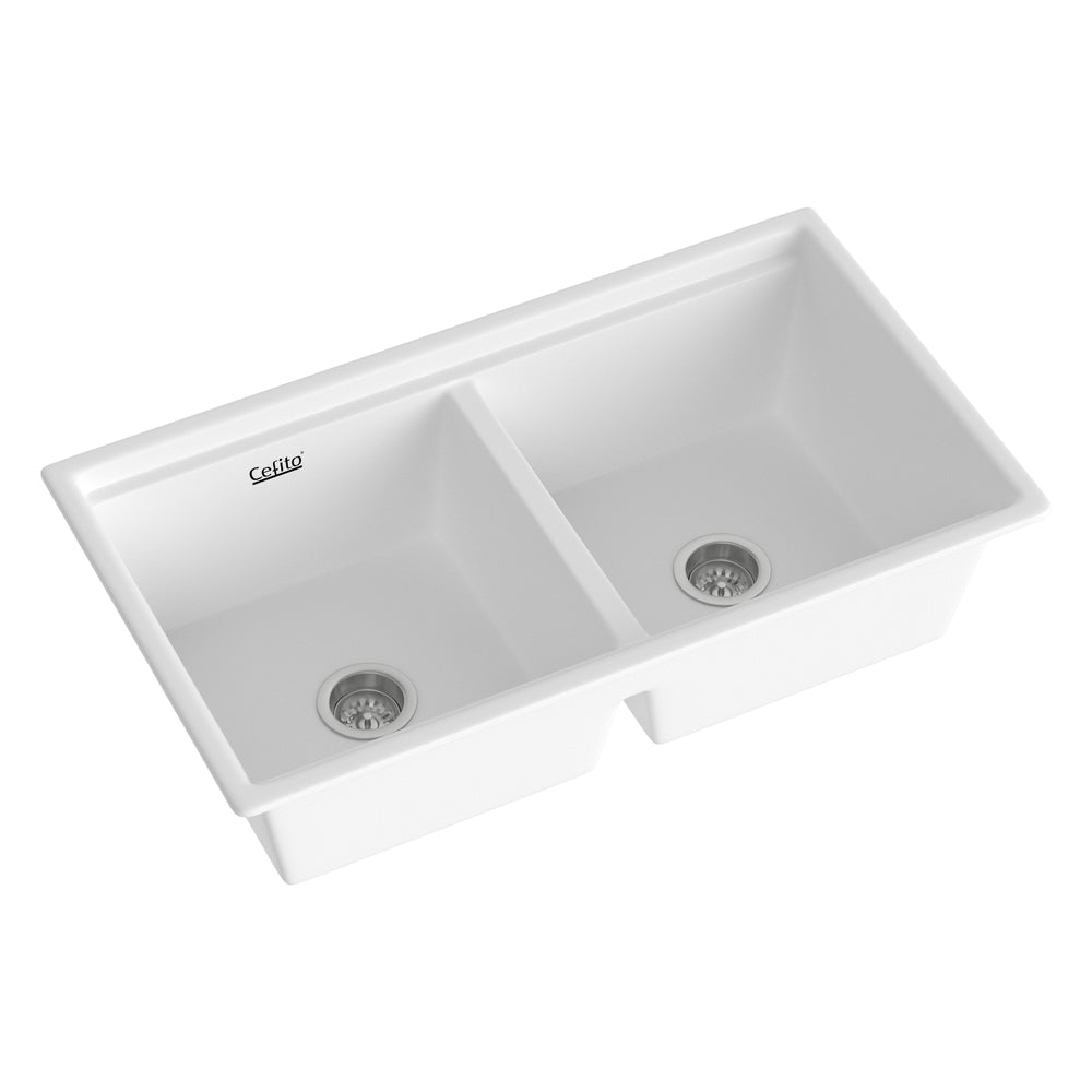 Cefito Kitchen Sink Stone Sink Granite Laundry Basin Double Bowl 79cmx46cm White SINK-STONE-B-7946D-WH