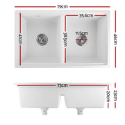 Cefito Kitchen Sink Stone Sink Granite Laundry Basin Double Bowl 79cmx46cm White SINK-STONE-B-7946D-WH