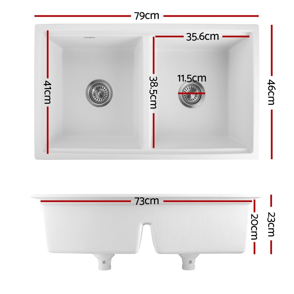 Cefito Kitchen Sink Stone Sink Granite Laundry Basin Double Bowl 79cmx46cm White SINK-STONE-B-7946D-WH