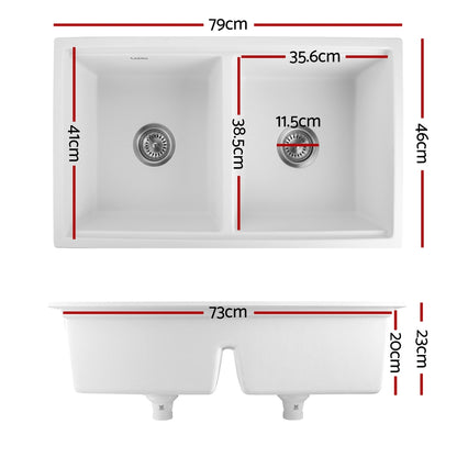 Cefito Kitchen Sink Stone Sink Granite Laundry Basin Double Bowl 79cmx46cm White SINK-STONE-B-7946D-WH