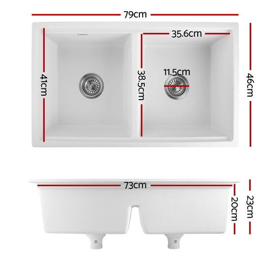 Cefito Kitchen Sink Stone Sink Granite Laundry Basin Double Bowl 79cmx46cm White SINK-STONE-B-7946D-WH