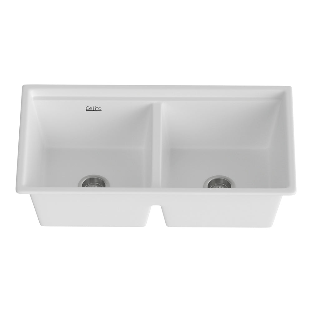 Cefito Kitchen Sink Stone Sink Granite Laundry Basin Double Bowl 79cmx46cm White SINK-STONE-B-7946D-WH
