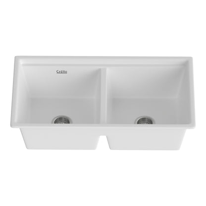 Cefito Kitchen Sink Stone Sink Granite Laundry Basin Double Bowl 79cmx46cm White SINK-STONE-B-7946D-WH