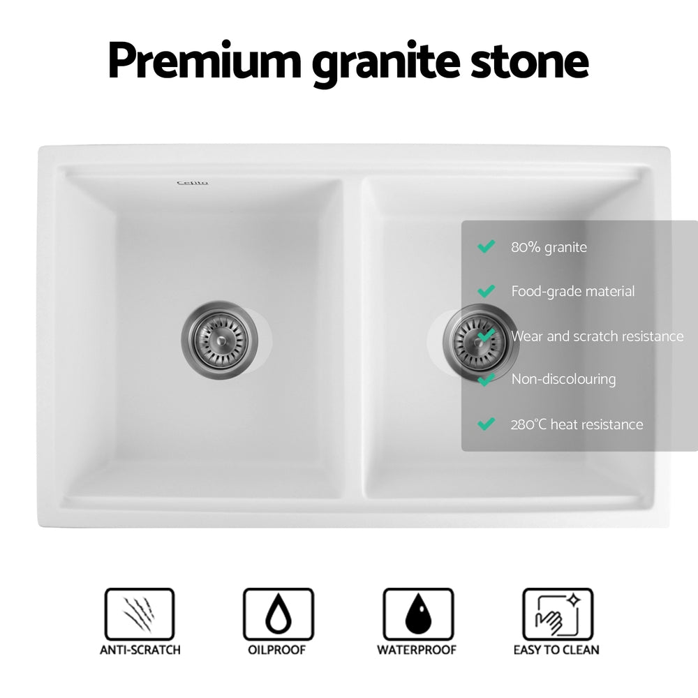 Cefito Kitchen Sink Stone Sink Granite Laundry Basin Double Bowl 79cmx46cm White SINK-STONE-B-7946D-WH