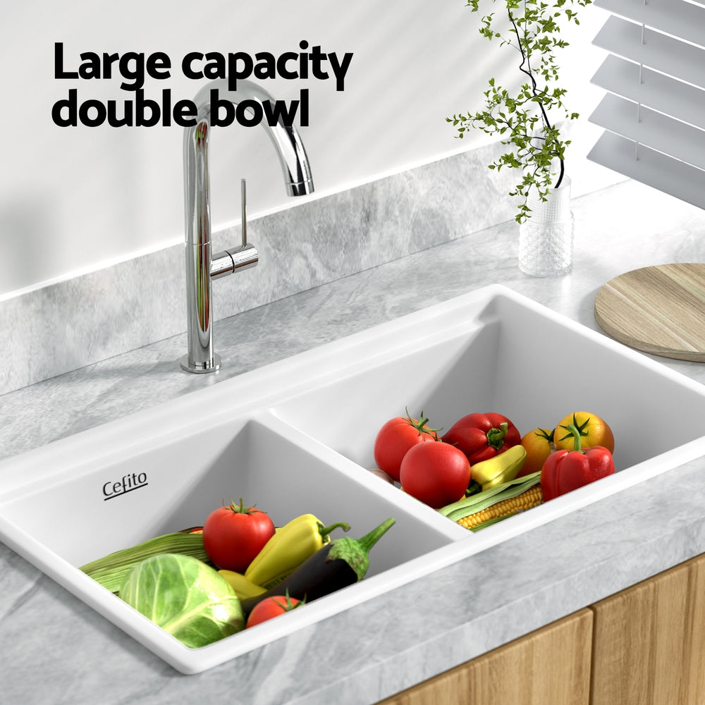 Cefito Kitchen Sink Stone Sink Granite Laundry Basin Double Bowl 79cmx46cm White SINK-STONE-B-7946D-WH