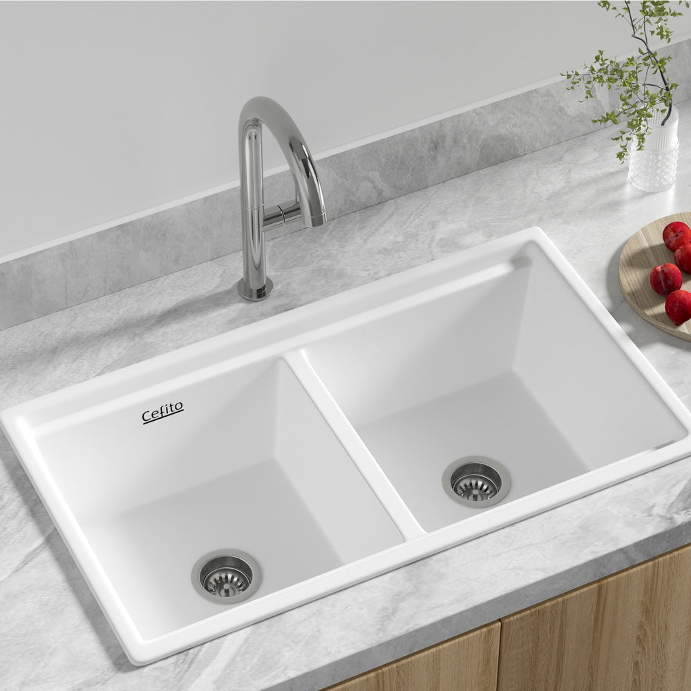 Cefito Kitchen Sink Stone Sink Granite Laundry Basin Double Bowl 79cmx46cm White SINK-STONE-B-7946D-WH