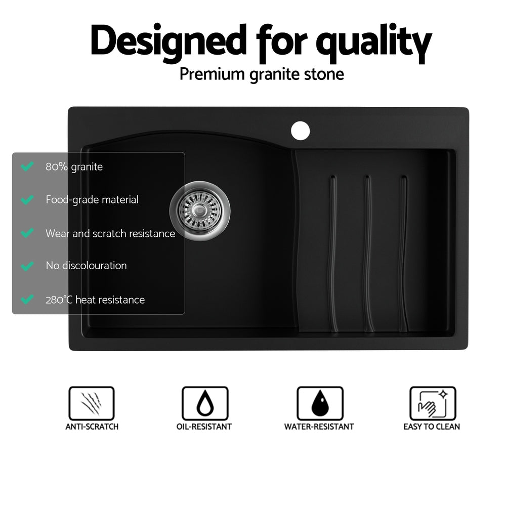 Cefito Kitchen Sink 74X45CM Granite Stone Basin Single Bowl Laundry Black SINK-STONE-B-IR-7445-S
