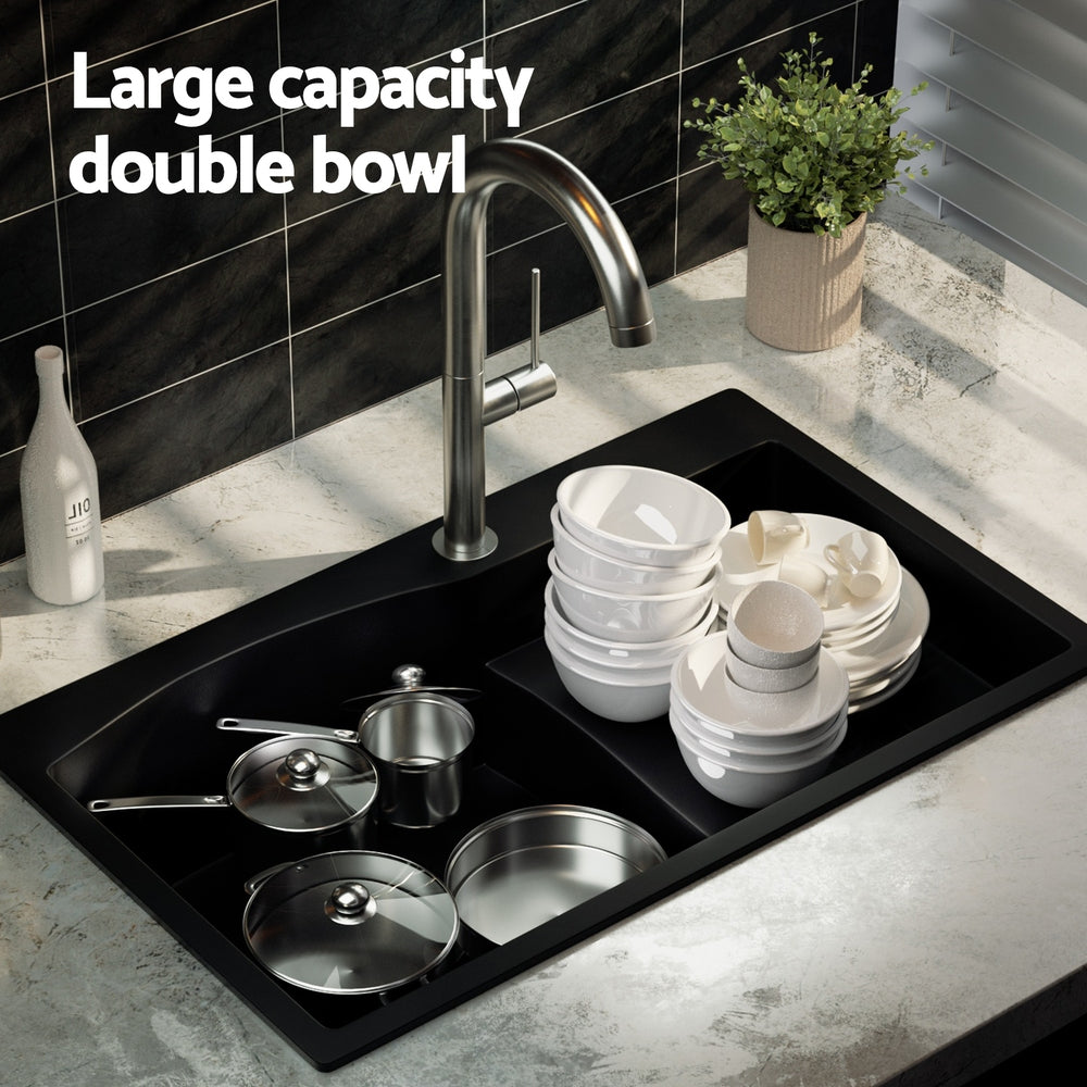 Cefito Kitchen Sink 74X45CM Granite Stone Basin Single Bowl Laundry Black SINK-STONE-B-IR-7445-S