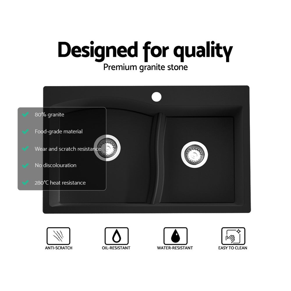 Cefito Kitchen Sink 76X47CM Granite Stone Basin Double Bowl Laundry Black SINK-STONE-B-IR-7547
