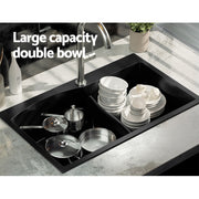 Cefito Kitchen Sink 76X47CM Granite Stone Basin Double Bowl Laundry Black SINK-STONE-B-IR-7547