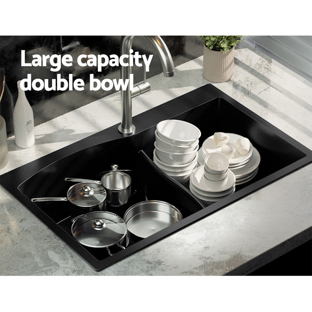 Cefito Kitchen Sink 76X47CM Granite Stone Basin Double Bowl Laundry Black SINK-STONE-B-IR-7547