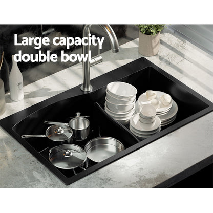 Cefito Kitchen Sink 76X47CM Granite Stone Basin Double Bowl Laundry Black SINK-STONE-B-IR-7547
