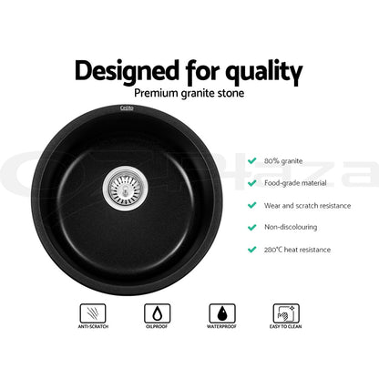 Cefito Stone Kitchen Sink Round 430MM Granite Under/Topmount Basin Bowl Laundry Black SINK-STONE-ROU-4419-BK