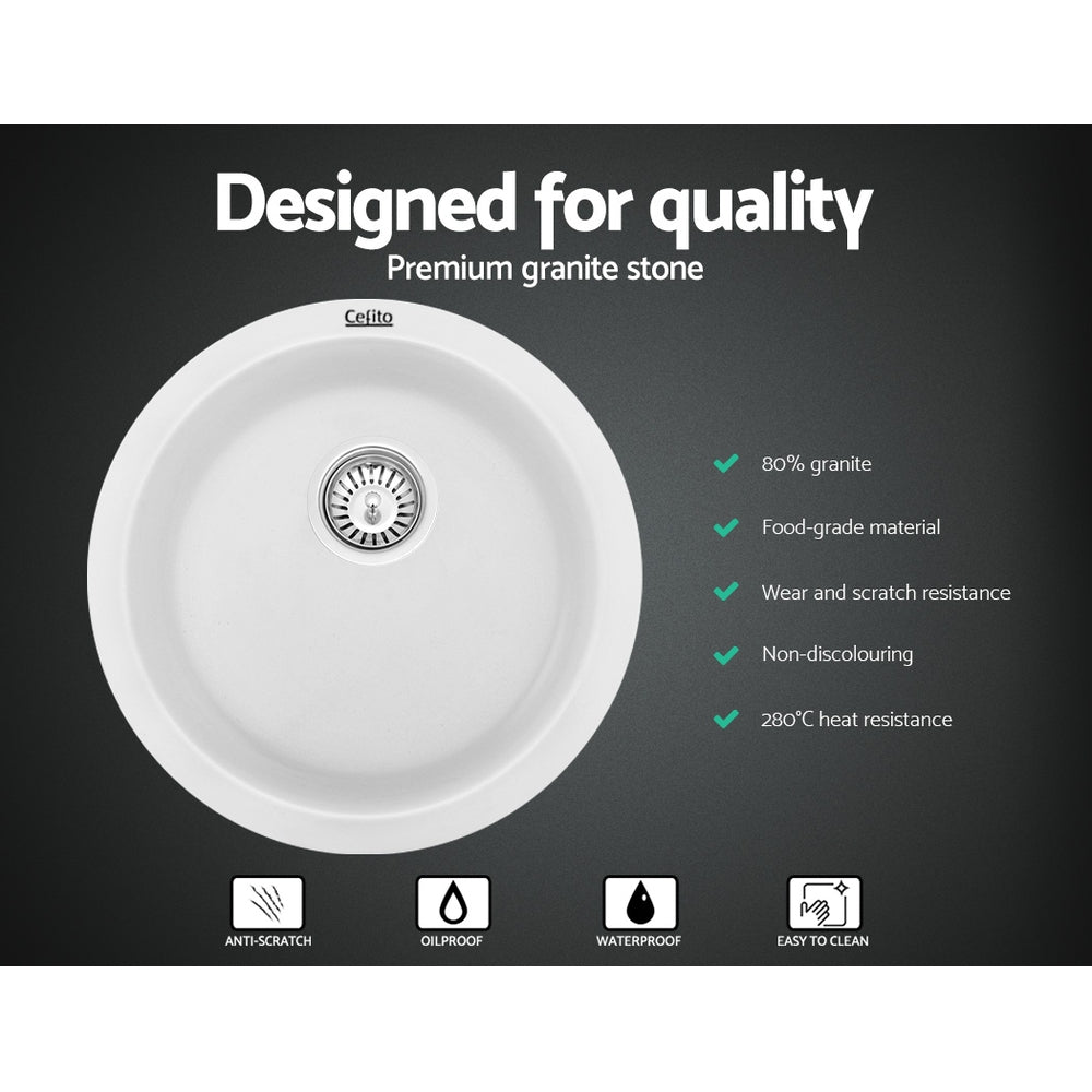 Cefito Stone Kitchen Sink Round 430MM Granite Under/Topmount Basin Bowl Laundry White SINK-STONE-ROU-4419-WH