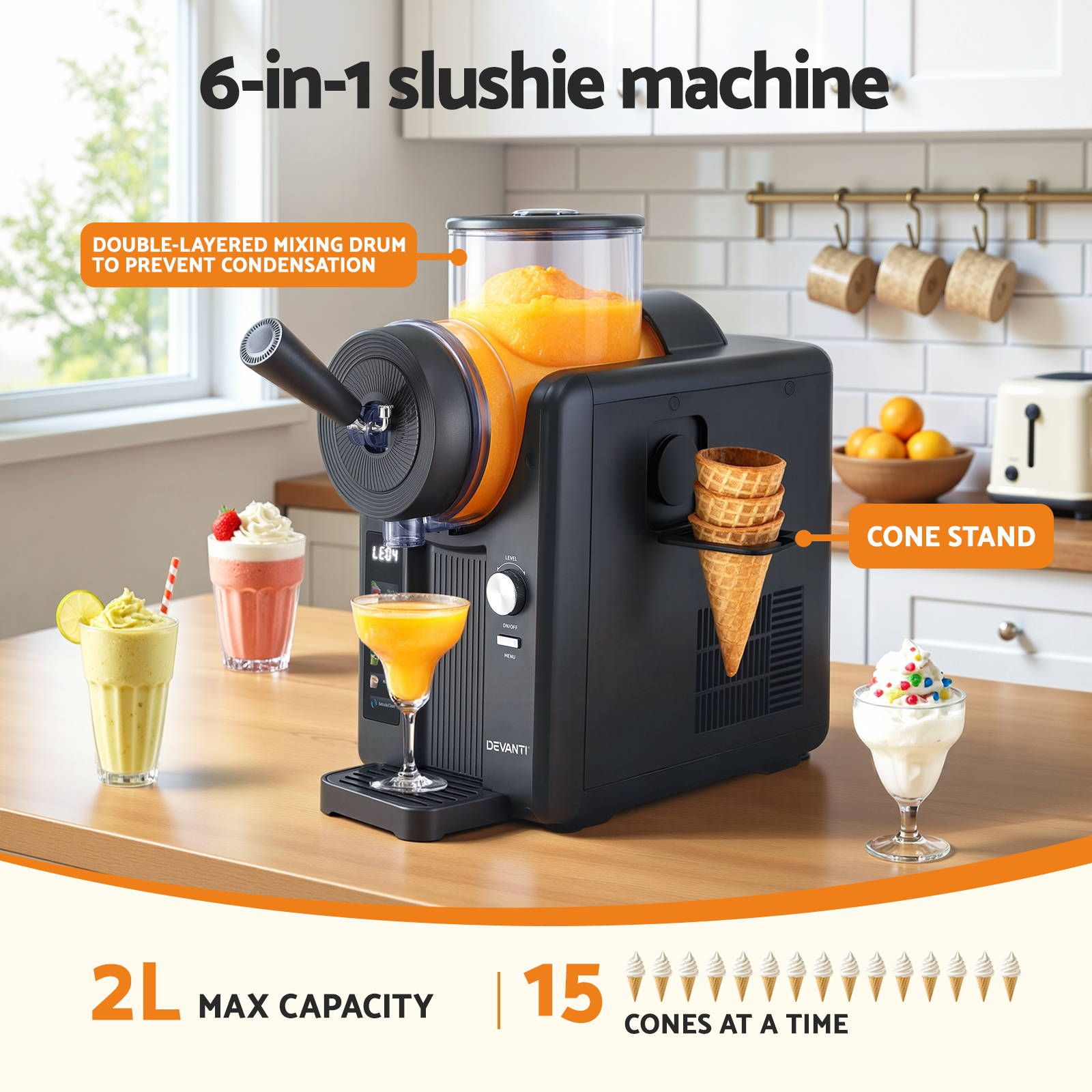 Devanti 2L Slushie Machine Ice Cream Maker Frozen Smoothies Milkshakes Black SLS-CR01-2L-BK