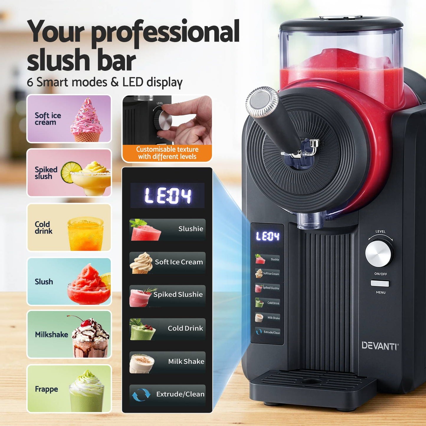 Devanti 2L Slushie Machine Ice Cream Maker Frozen Smoothies Milkshakes Black SLS-CR01-2L-BK