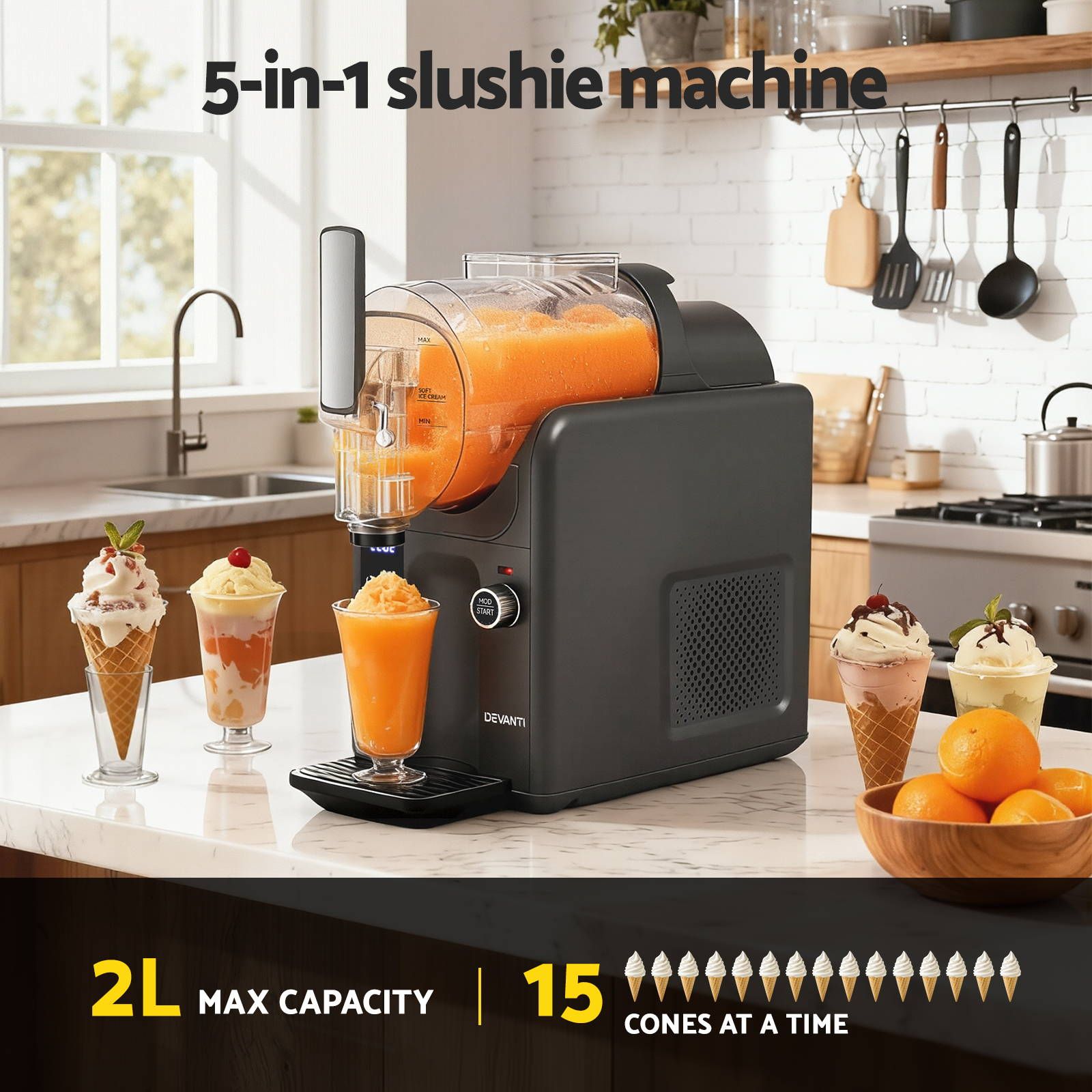 Devanti 5in1 Slushie Machine Ice Cream Maker 2L Grey SLS-CR02-2L-GY