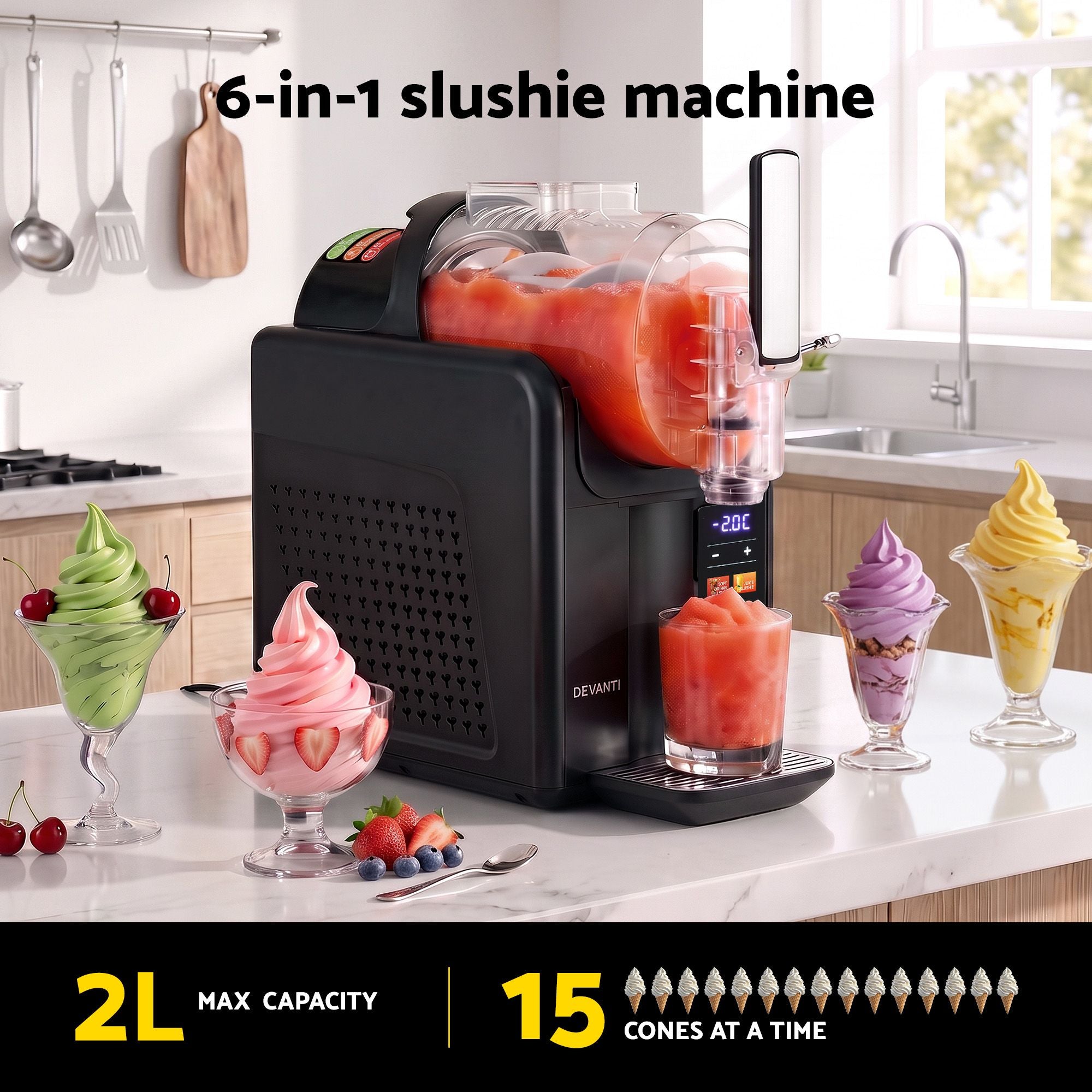 Devanti Slushie Machine 2L Frozen Drink Maker Ice Cream Cocktail Slush Maker Black
