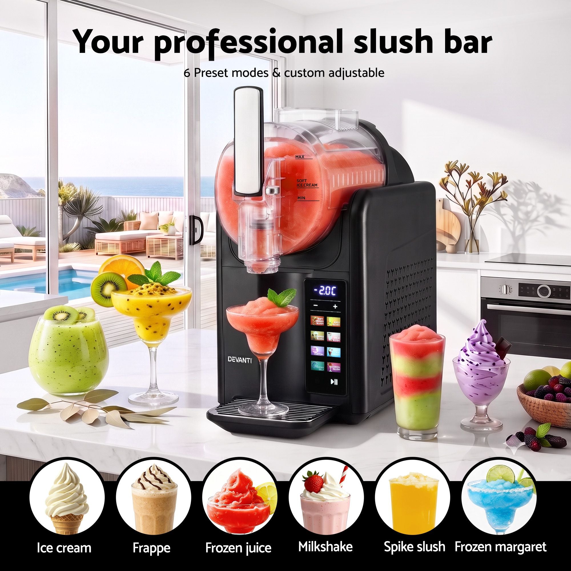 Devanti Slushie Machine 2L Frozen Drink Maker Ice Cream Cocktail Slush Maker Black