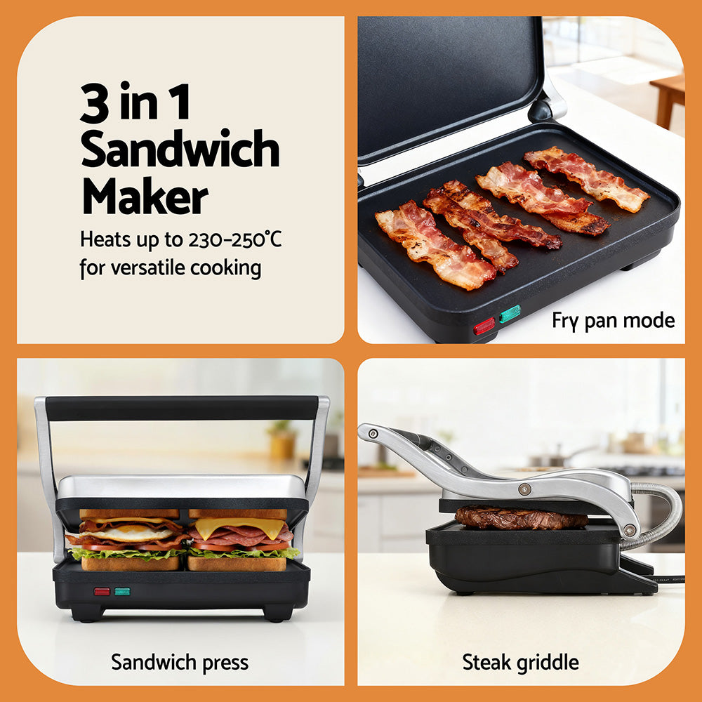 Devanti 3 in 1 Sandwich Maker Steak Press Grill 1000W SM-1SET-BK
