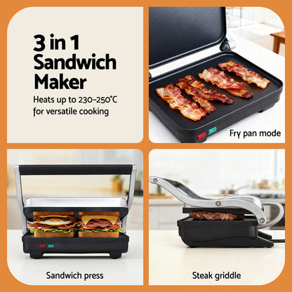 Devanti 3 in 1 Sandwich Maker Steak Press Grill 1000W SM-1SET-BK