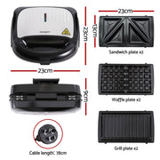 Devanti 3-in-1 Sandwich Press Waffle Maker Panini Press Grill 850W SM-3IN1-BK