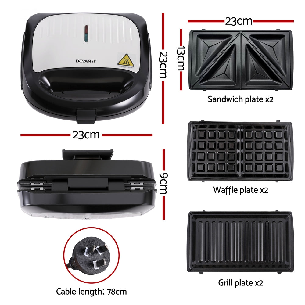 Devanti 3-in-1 Sandwich Press Waffle Maker Panini Press Grill 850W SM-3IN1-BK