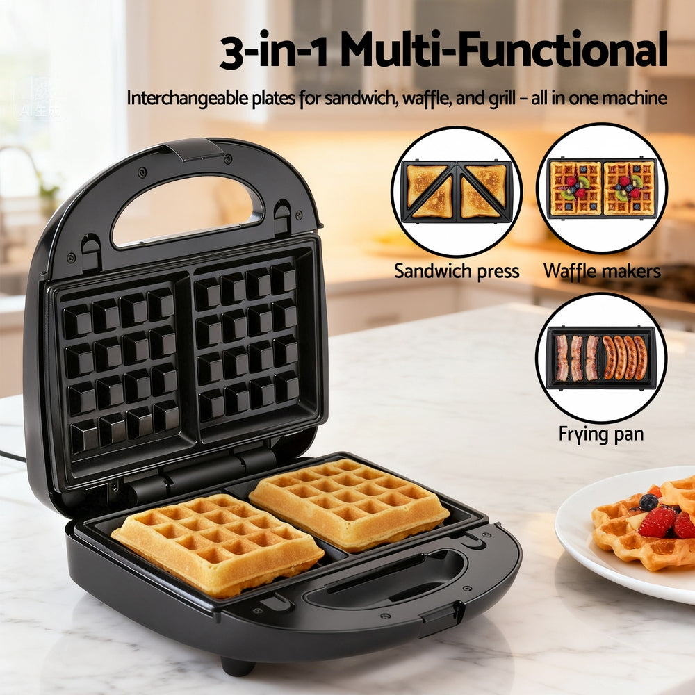 Devanti 3-in-1 Sandwich Press Waffle Maker Panini Press Grill 850W SM-3IN1-BK