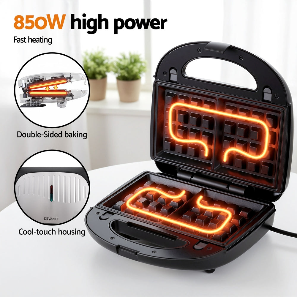Devanti 3-in-1 Sandwich Press Waffle Maker Panini Press Grill 850W SM-3IN1-BK